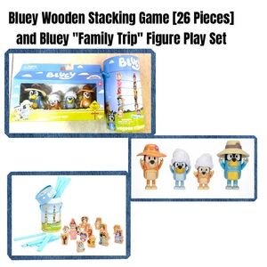 Bluey Wooden Stacking Game [26 Pieces] and Bluey ''Family Trip'' Figure Play Set